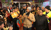Federal NDP Leader Jagmeet Singh (centre, with microphone) was in Sioux Lookout on Oct.5 to support Kenora NDP candidate Rudy Turtle (at right of Singh) and speak with Sioux Lookout and area residents. - Tim Brody / Bulletin Photo