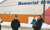 Employees of Atwood Consulting Services with their newborn children outside of the Sioux Lookout Memorial Arena. From left: baby London Miller with dad Graham Miller, Keith Atwood, baby Lucas Ogorman with dad Chris Ogorman. - Photo courtesy Hunter Atwood