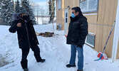 Bearskin Lake First Nation Chief Lefty Kamenawatamin (right) speaks with Kiiwetinoong MPP Sol Mamakwa, who visited the community on Dec. 6.    Photo Courtesy Kiiwetinoong MPP Sol Mamakwa
