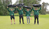 Bombers Golf Classic first place winners holding up their golf bag prizes, and wearing green jackets sponsored by Rosiak Carpentry. From left: Whitney Van Horne, Andy Brunton, Ryan Dasno, and Matt Monkman.      Reeti Meenakshi Rohilla / Bulletin Photos