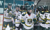 The Sioux Lookout Bombers celebrate their Oct. 13 5-0 shutout win against the visiting Fort Frances Lakers.    Tim Brody / Bulletin Photo