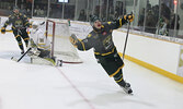 Sioux Lookout Bombers Captain Cooper Labelle celebrates his hat trick goal. Tim Brody / Bulletin Photo