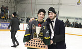  Bombers Defensemen Assistant Captain Dayvan Bull (left) and Captain Nolan Palmer (right) with the Bill Salonen Cup.   Tim Brody / Bulletin Photo