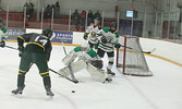 The Sioux Lookout Bombers and Sioux North High School Warriors were sorted into two teams, facing each other in an intrasquad game last Saturday night, which the Warriors team won 10-4.   Tim Brody / Bulletin Photo