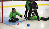 The Cat Lake Wreckers battle during a scoring chance in front of the Slate Falls Freebirds net. - Jesse Bonello / Bulletin Photo