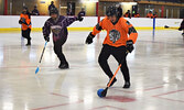 The Mishkeegogamang Warriors look for an offensive opportunity against the Mishkeegogamang Stormfront.  - Jesse Bonello / Bulletin Photo