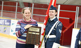 Flag Party Commander Sgt. Ruth Broderick (right) is presented with the Esprit de Corps award by her mother Dorothy Broderick. - Tim Brody / Bulletin Photo