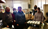 From left: Sandra Lockhart, Vera Kameda-Lacroix, Marion Serson, Terri Miller and Colleen Carroll in the Legion’s kitchen, working to put together the take-out packages.  - Charron Sippola / Submitted Photo