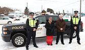 From left: Karl Duewel, Detachment Commander, Sioux Lookout OPP Detachment, Sioux Lookout Police Services Board Chair Darlene Angeconeb, Sioux Lookout Mayor Doug Lawrance, and Michael Kreisz, Staff Sergeant, Detachment Manager, Sioux Lookout OPP, promote 