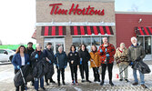 Members of Sioux Lookout’s Green Team, along with Tim Hortons representative Kari Wilson (fourth from left), outside the Sioux Lookout Tim Hortons on April 22, Earth Day.   Tim Brody / Bulletin Photo