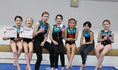 Gymnasts, from left, show off their competition awards: Addley Dinsmore, Dani Hagen, Sydney Brazier, Olivia Gaudry, Sunny Sakamoto, Avery Sakakeesic, and Kenzie Dinsmore.   Tim Brody / Bulletin Photo