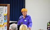 Rotary Club of Sioux Lookout member Lew Morgan addresses the crowd while wearing the Pagdi that was presented to him by Tejesh Mehta. - Jesse Bonello / Bulletin Photos