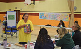 Anishinaabe knowledge keeper and educator Victoria McIntosh (left) taught workshop participants during daily hands-on learning sessions. - Jesse Bonello / Bulletin Photo