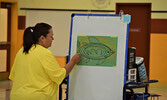 During day two of the workshop, participants learned woodland art style. Victoria McIntosh led the group in drawing woodland art style fish. - Jesse Bonello / Bulletin Photo
