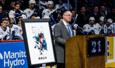 Jimmy Roy during his jersey retirement ceremony on Feb. 7. - Jonathan Kozub / Manitoba Moose Photo