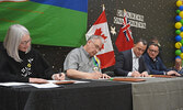 From left: Federal Minister of Indigenous Services Patty Hajdu, Kitchenuhmaykoosib Inninuwug Chief Donny Morris, Ontario’s Minister of Children, Community and Social Services Michael Parsa, Ontario’s Minister of Northern Development and Minister of Indige