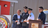 From left: St. Catharines Mayor Walter Sendzik, Lac Seul First Nation Chief Derek Maud, St. Catharines Acting Fire Chief Jeff McCormick, and Master of Ceremonies Chris Lawson. - Jesse Bonello / Bulletin Photo