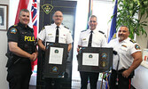 From left: LSPS Sergeant Philippe Laporte, Sioux Lookout OPP Staff Sergeant Jason Spooner, Sioux Lookout OPP Detachment Commander Karl Duewel, and LSPS Chief Bruno Rossi.   Tim Brody / Bulletin Photo