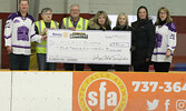 From Left: Bombers Director of Gameday Operations and Slate Falls Air owner, Matt Cairns, Rotarians Susan Barclay and Arvid Hakala, SLMHC Foundation Board Members Jackie Duhamel and Tracey Bullock, SLMHC Foundation Donor Relations/Operations Coordinator, 