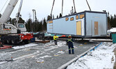 The first of two prefabricated modular buildings making up SLMHC’s new MRI Suite, is moved into position.     Photo courtesy of Sioux Lookout Meno Ya Win Health Centre.