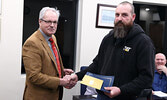 Mayor Doug Lawrance (left) presents Public Works Manager Andrew Jewell with a Municipal Employee Recognition Award recognizing his 10 years working for the Municipality. - Tim Brody / Bulletin Photo