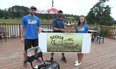 Men’s Blueberry Open champ Matt Gain (centre) accepts his trophy from event organizer Alyssa Rice (right) and SLGCC interim manager Dylan Harp. - Tim Brody / Bulletin Photos