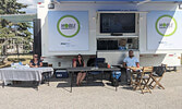 NWMO Mobile Learn More Centre at the Travel Information Centre on July 14. From left are: Developmental Engagement Student Keayra Gascon, Community Liaison manager Chantelle Gascon, and Site Engagement Associate Garrett Ugray.      Reeti Meenakshi Rohilla