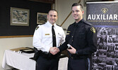 OPP North West Region Chief Superintendent/Regional Commander Bryan MacKillop (left) presents Provincial Constable Adam Rudd with the Commissioner’s Citation for Bravery.   Tim Brody / Bulletin Photo