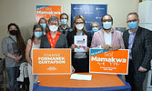 OSSTF/FEESO President Karen Littlewood (centre) was in Sioux Lookout last week to endorse area NDP candidates JoAnne Formanek Gustafson and Sol Mamakwa.   Tim Brody / Bulletin Photo