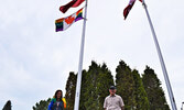 From left: Kaitlyn Roen, representing the Sioux Lookout Community GSA, and Sioux Lookout Mayor Doug Lawrance during the Pride flag raising ceremony. - Jesse Bonello / Bulletin Photo