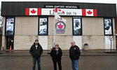 Renewed versions of the murals which have graced the front of the Edwin Switzer Memorial Sioux Lookout Legion, Branch #78 since 2007 were installed on Nov. 9, just in time for Remembrance Day. Sioux Lookout residents Nancy Roy (centre) and Dennis Leney (r