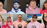 Pelican Falls First Nations High School staff donned pink for Pink Shirt Day. PFFNHS staff top row from left: Rebecca Baas, Dylan Harp, Melanie Shine, and Jennifer Slobozian.  PFFNHS staff bottom row from left: Shawn Hordy, Thomas Whatley, Darrin Head, Na