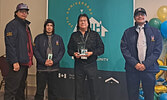 From left: SLAAMB 3rd Year Carpentry Apprentices Michael Goodman, Tristan Korobanik, SLAAMB Assistant Coordinator Ziggy Beardy, and Marcel Beardy with the 2022 First Nations Community Housing Award SLAAMB received.   Photo courtesy of SLAAMB