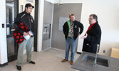 Lac Seul First Nation Chief Derek Maud (left), KPDSB Director of Education Sean Monteith (centre), and Kenora MP Bob Nault tour one of the school’s science labs. - Tim Brody / Bulletin Photo