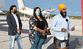 Federal NDP Leader Jagmeet Singh (right), addressing members of the media on Sept. 13 at the Sioux Lookout Airport, is joined by Kiiwetinoong MPP Sol Mamakwa (left) and Kenora riding NDP candidate Janine Seymour (centre).     Tim Brody / Bulletin Photo