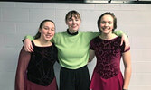 Three skaters from the Sioux Lookout Skating Club were able to attend test day in Vermilion Bay on March 21. From left: Aubrey Bates, Ruth Broderick, and Emma Bates all did well at the event, the first test day the club has been able to attend since 2020.