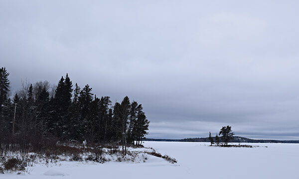 A snowy lake-side scene