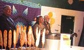 From left: Lac Seul First Nation Chief Clifford Bull, Municipal Truth and Reconciliation Committee Chair Darlene Angeconeb, and Sioux Lookout Mayor Doug Lawrance addressing the gathering.     Tim Brody / Bulletin Photo