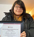 Memekew Apetawakeesic-Morriseau holding her winning certificate for Tikinagan’s anti-bullying and cyberbullying logo contest.  - Tikinagan Child & Family Services / Submitted Photo