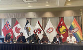 From left: NAN Deputy Grand Chief Anna Betty Achneepineskum, NAN Deputy Grand Chief Bobby Narcisse, Wunnumin Lake Deputy Chief Dean Cromarty, Wunnumin Lake Chief Sam Mamakwa, NAN Grand Chief Derek Fox and NAN Deputy Grand Chief Victor Linklater at an Augu